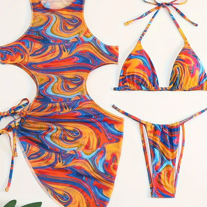 3-Piece Tropical Print Swimsuit Set - High-Stretch, Lace-Up Bikini Top with Tie, High-Waisted Cutout Bottom, Sun Protective Cover-Up Dress, Machine Washable, Polyester Fabric, Knit Construction