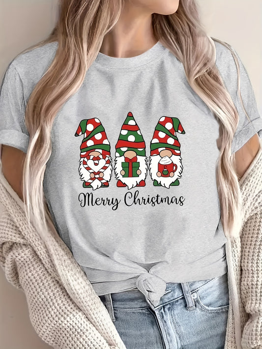 1pc Women'S Plus Size Merry Christmas Cartoon Gnomes T-Shirt, Casual Crew Neck Short Sleeve Top with Slight Stretch, Polyester Knit Fabric Pullover for All Seasons