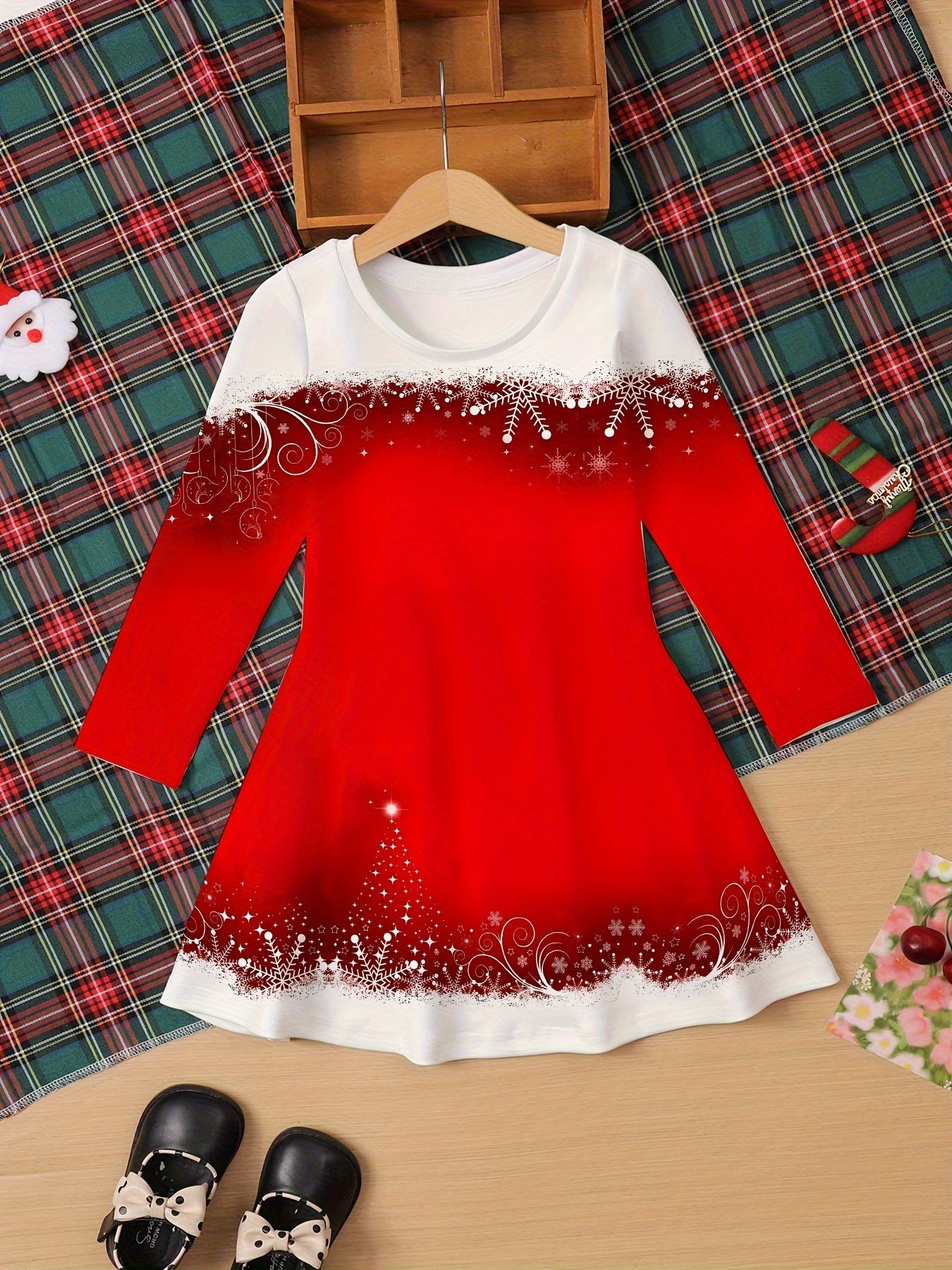 Christmas Themed Children's Long Sleeve Dress - Polyester 100%, Street Style, Knee High, Applique Detail, Tunic Fit, A-Line, Knit Fabric, Slight Stretch, for Ages 2-13, Red and Blue Options with Snowflake and Candy Patterns