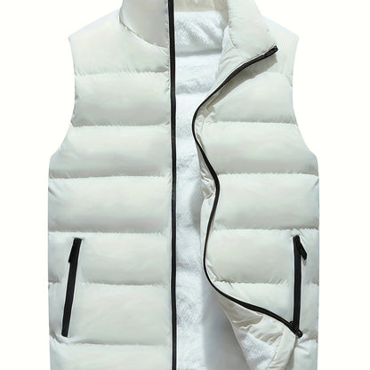 Men's Solid Sleeveless Stand Collar Down Jacket Vest With Zip Up And Pockets, Casual And Warm Tops For Autumn And Winter Wear