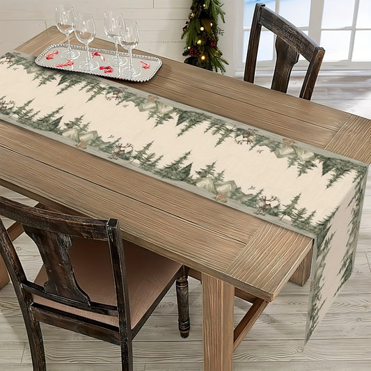 Winter Forest Reindeer and Pine Tree Table Runner, Christmas Moose Watercolor Sparrow Kitchen Decor, Seasonal Woodland Holiday Farmhouse Burlap Look Dining Room Decoration, Woven Polyester Rectangular Table Runner with Solid Color Pattern for Christmas Fe