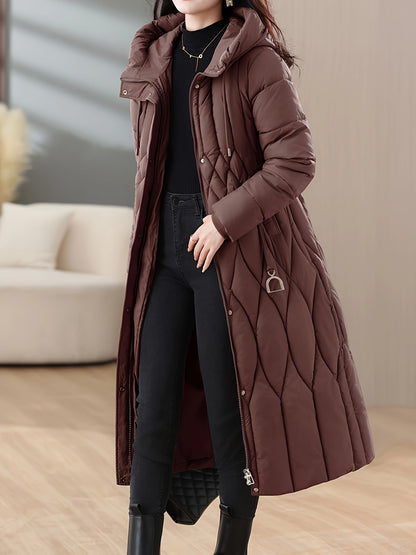 Zip-up Hoodie Longline Puffy Coat, Elegant Long Sleeve Drawstring Waist Hoodie Insulated Coat For Winter, Women's Clothing