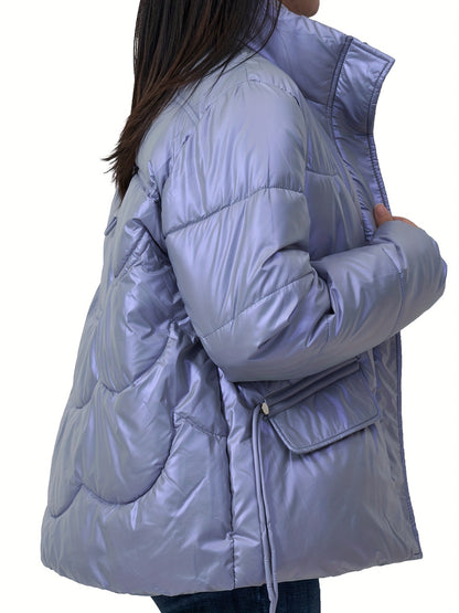 Solid Color Puffer Jacket For Women, Fashion Thickened Warm Stand Collar Jacket For Winter Outdoor, Women's Clothing