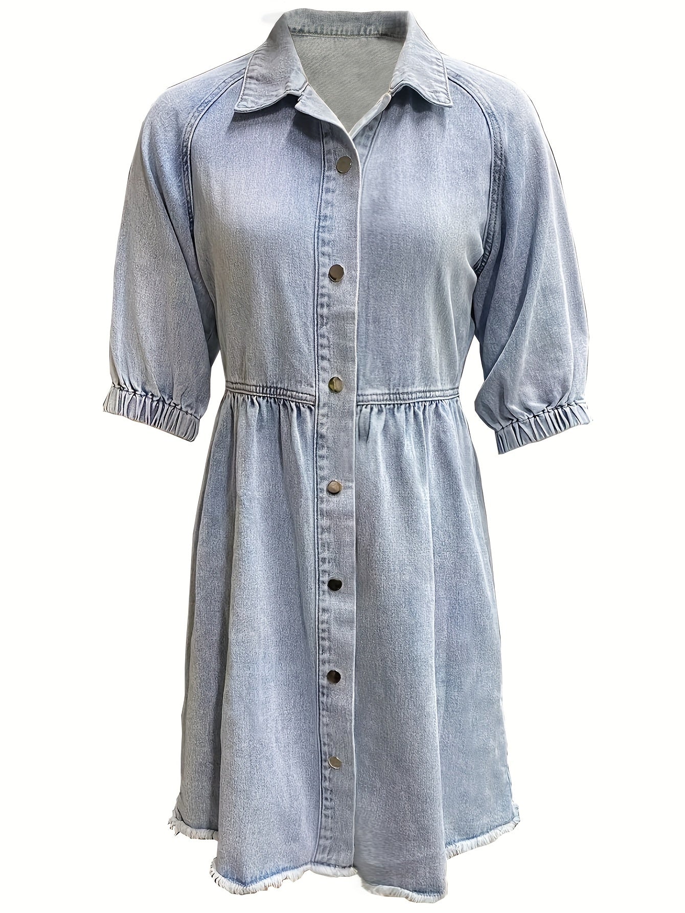 Distressed Style Raw Hem Plain Light Washed Blue Puff Sleeve Button Up Denim Dress, Women's Denim Jeans & Clothing