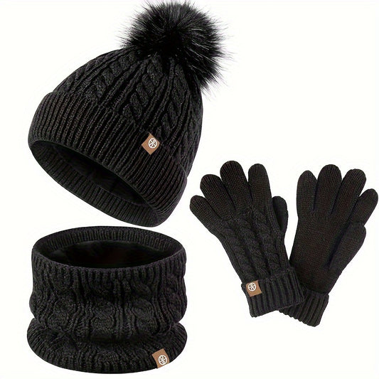 Elegant 3pcs Winter Set for Women: Cozy Fleece-Lined Knit Beanie, Scarf & Gloves - Warm, Windproof & Stylish