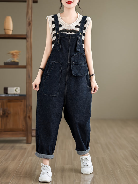 Women's Loose Fit Denim Overalls, Casual Style, Versatile Jean Jumpsuit With Pockets