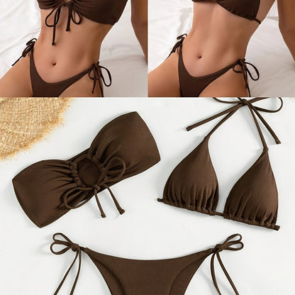 3 Piece Set Off the Shoulder Lace Up Bikini - Medium Stretch Polyester Triangle Top with Tie Side High Cut Bottom Swimsuits - Womens Swimwear for Swimming