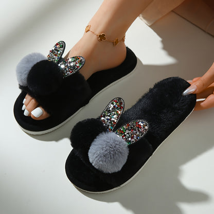 Adorable Bunny Plush Slippers - Open Toe Soft Sole, Fuzzy Flat Shoes for Cozy Indoor Leisure - Anti-Slip, Warm & Breathable - Perfect Winter Home Floor Slippers