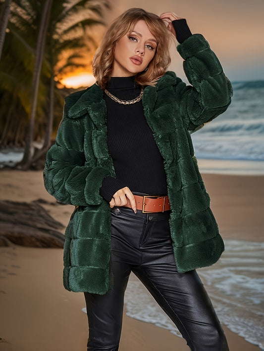 Solid Color Open Front Coat, Elegant Button Decor Baggy Long Sleeve Faux Fur Coat For Winter & Fall, Women's Clothing