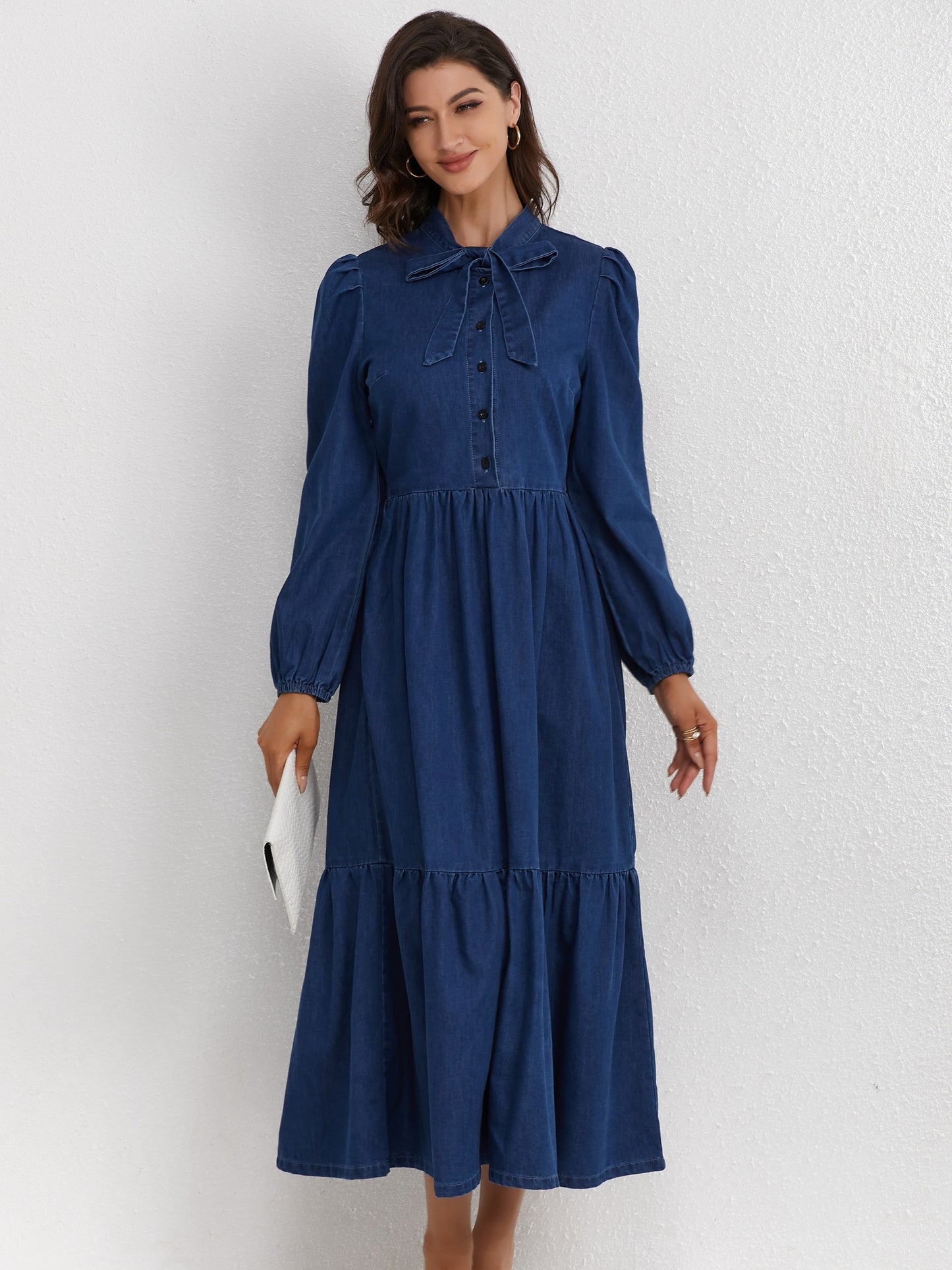 Elegant Style Plain Washed Blue Bowknot Tiered Layered Ruffled Puff Long Sleeve Maxi Denim Dress, Women's Denim Jeans & Clothing