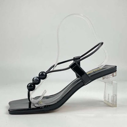 Summer New Fashion Square Head High Heels Round String Bead Sandals Large Size Women Shoes Kq8