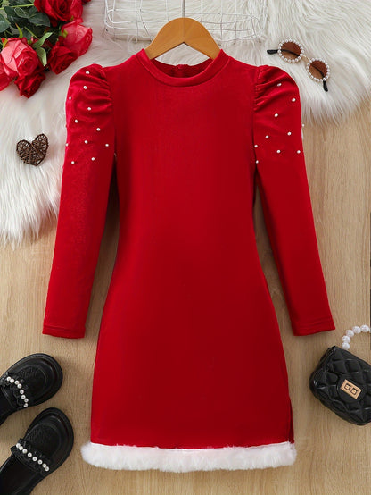 Girls Christmas Style Velvet Faux Pearl Decor And Faux Fur Trim Hem Long Sleeve Dress, Warm And Thick For Fall And Winter Christmas Party Outdoors