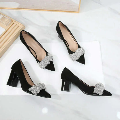 New Rhinestone Pumps Crystal High Heels Black Pointy Thick With Professional Work Interview Women's Single Shoes Kq8