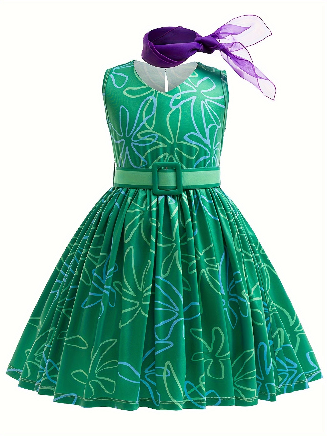 Girls' Cartoon Character Dress - Allover Floral Pattern Sleeveless Belted Dress with Accessories for Halloween Party