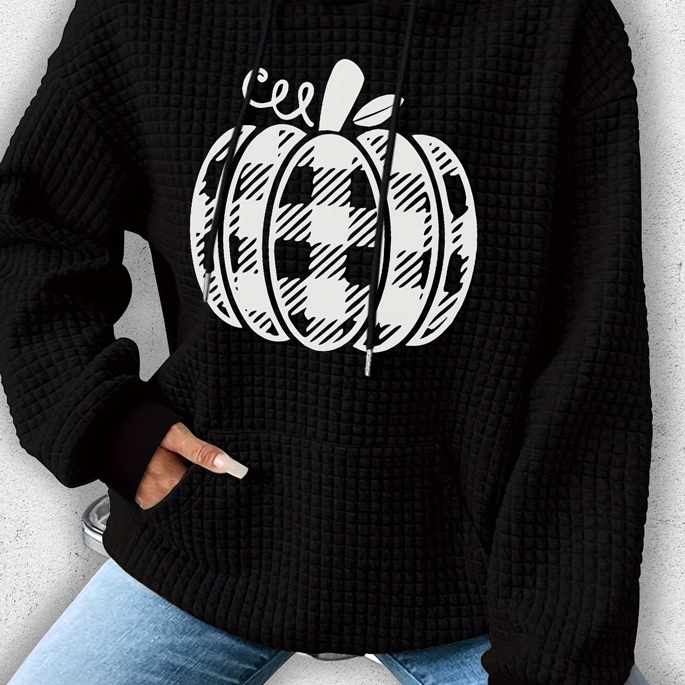 Casual Polyester Waffle-Knit Hoodie with Halloween Pumpkin Applique - Comfortable Fall/Winter Spandex Blend, Style Hooded Sweatshirt with Plant Pattern, Cozy Knitted Fabric