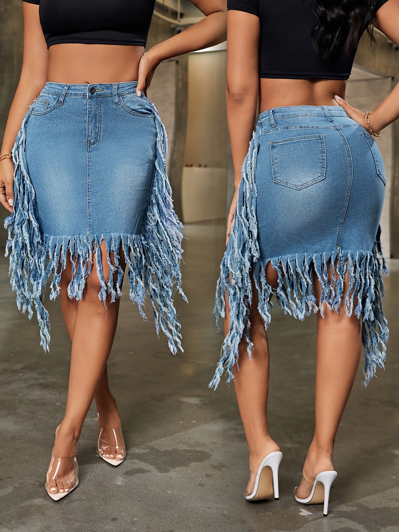 Sexy Fringe Hem Denim Skirt - Flattering Washed Blue Slash Pocket Design, Distressed Hem, Women's Party Style Jeans Clothing for Music Festival and Night Out