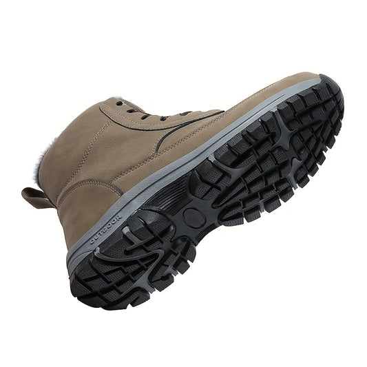 Men's Trendy Solid High Top Hiking Boots, Comfy Non Slip Casual Thermal Shoes, Winter & Autumn