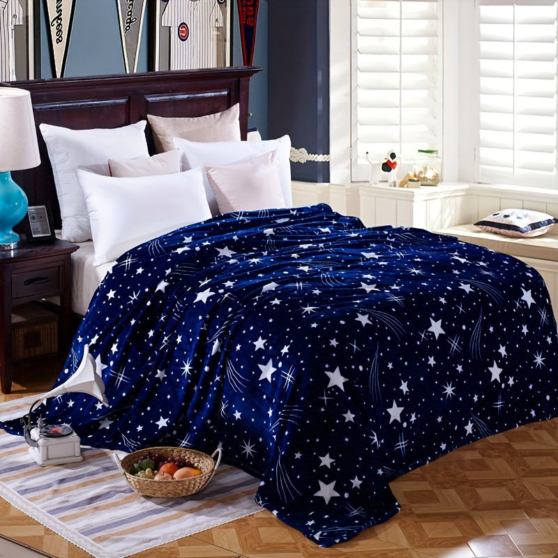 1pc Blue Starry Sky Print Polyester Flannel Blanket, Soft Warm Throw Blanket Nap Blanket For Couch Sofa Office Bed Camping Travel, Multi-purpose Gift Blanket For All Season