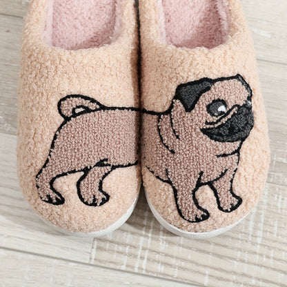 Cozy Cartoon Pug Dog Pattern Slippers - Soft Fabric Lined, Plush Comfortable Indoor Shoes with TPR Sole, Casual Slip-On Design for All-Season Wear - Cartoon Character Print, Fabric Upper, and Anti-Slip Bottom