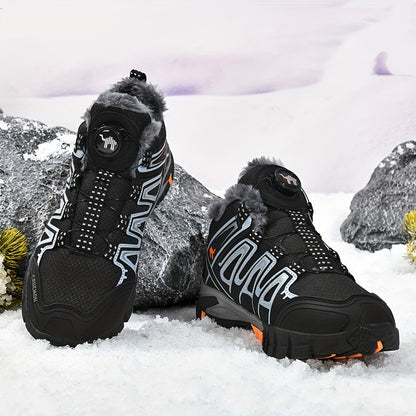 Men's Casual Fuzz Lined Winter Snow Shoes, Anti-skid Windproof Ankle Shoes With Rotary Buckle Design For Outdoor