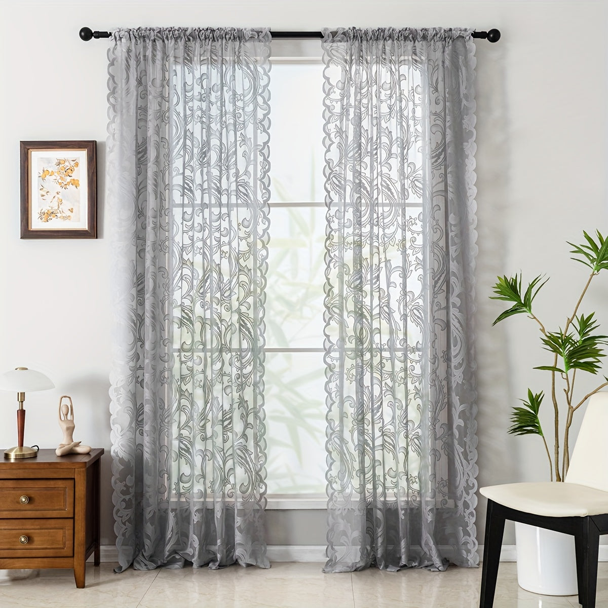 2pcs Flower Lace Jacquard Weaving Curtains, Living Room Dining Room Kitchen Study Bedroom Hallway Semi-translucent Decorative Curtains, Rod Pocket Curtain Home Decor