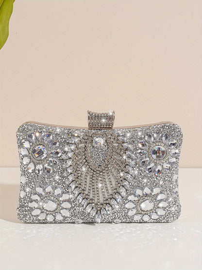 Elegant Silver Rhinestone Evening Clutch – Removable Strap, Buckle Closure, Polyester Lining, Ideal for Bridal and Special Occasions