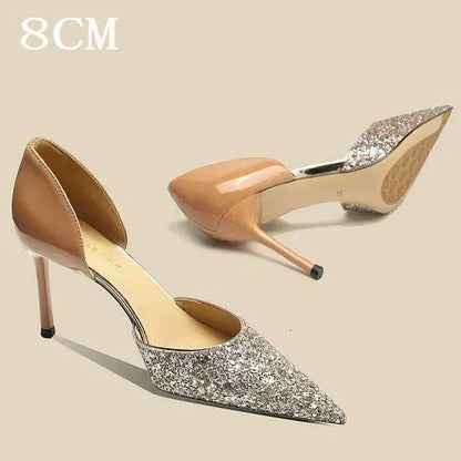 Glitter Pointy Heels Women's New Shallow Mouth Pumps Temperament Fairy Wind Party Hollow French Sandals Kq8