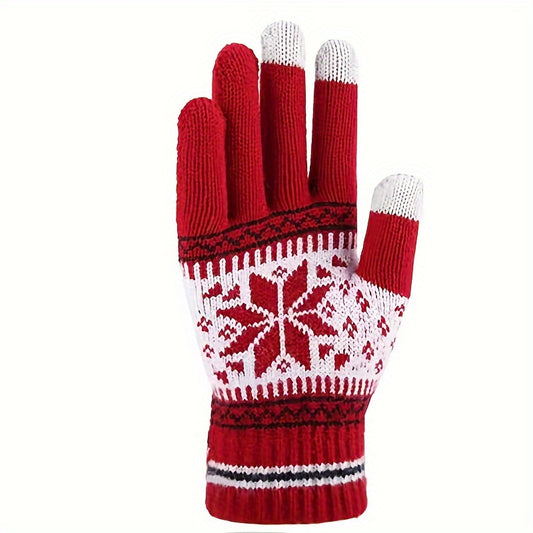 Christmas Snowflake Pattern Knitting Gloves, Full Finger Thick Warm Gloves, Unisex Touch Screen Gloves