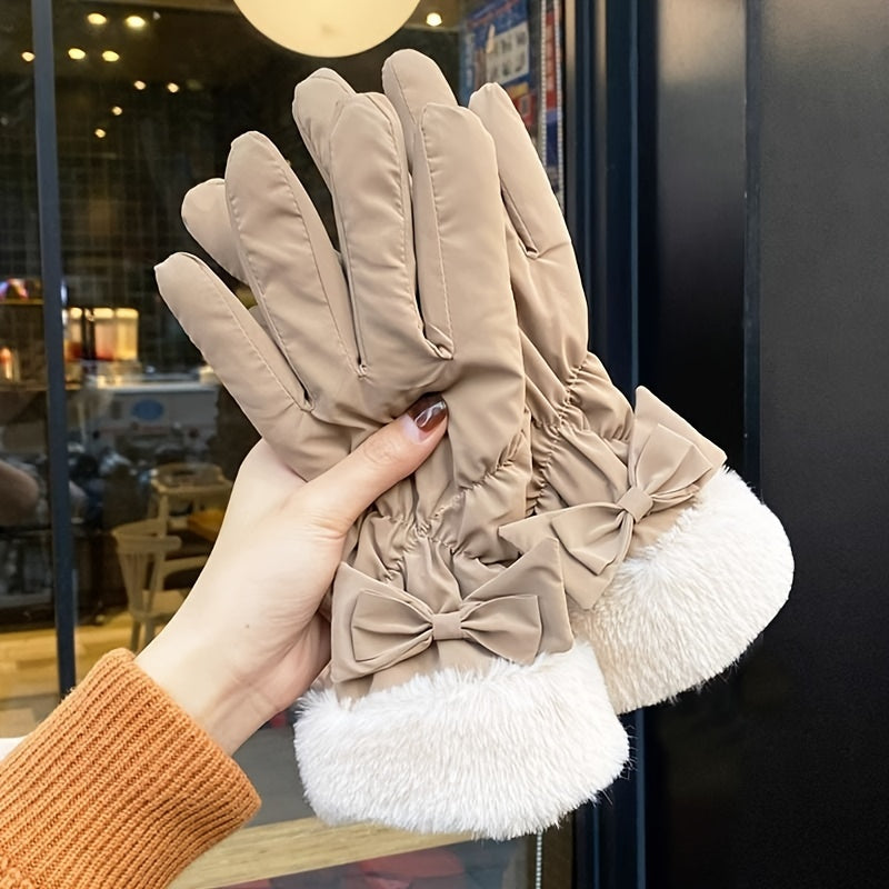 Women's Winter Touchscreen Gloves - Thick, Warm Velvet-Lined With Bow Detail For Cycling & Skiing