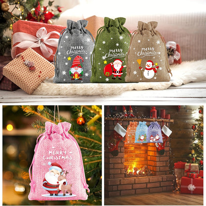 Christmas Burlap Drawstring Gift Bags - Linen Treat Sacks with Holiday Designs, Festive Party Favor Packaging, General Fit Occasion, Set of Assorted Christmas Themes (Santa, Snowman, Tree)