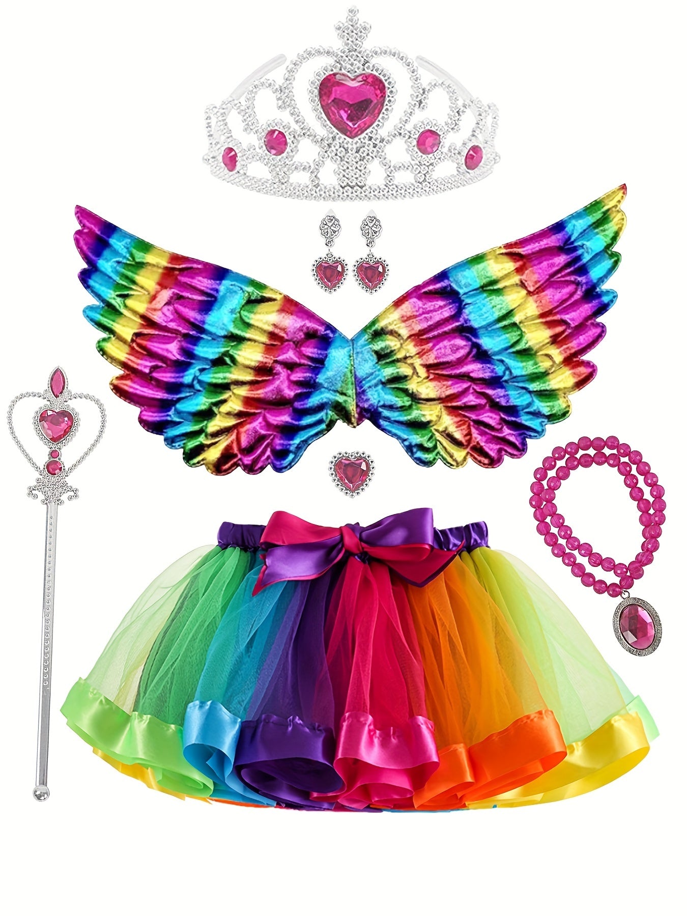 7-Piece Girls' Halloween Rainbow Wing Dress Set with Half Skirt, Accessories, and Mardi Gras Theme