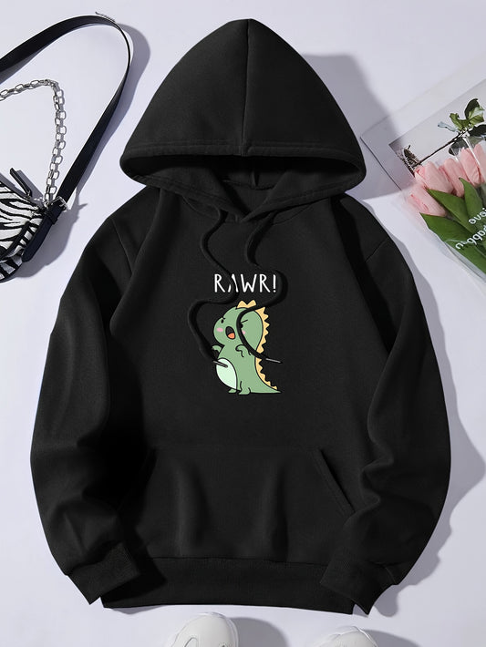 Cute Cartoon Dinosaur Print Hoodie, Drawstring Casual Hooded Sweatshirt For Winter & Fall, Women's Clothing