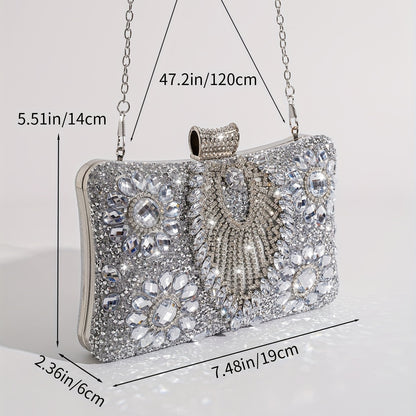 Elegant Silver Rhinestone Evening Clutch – Removable Strap, Buckle Closure, Polyester Lining, Ideal for Bridal and Special Occasions