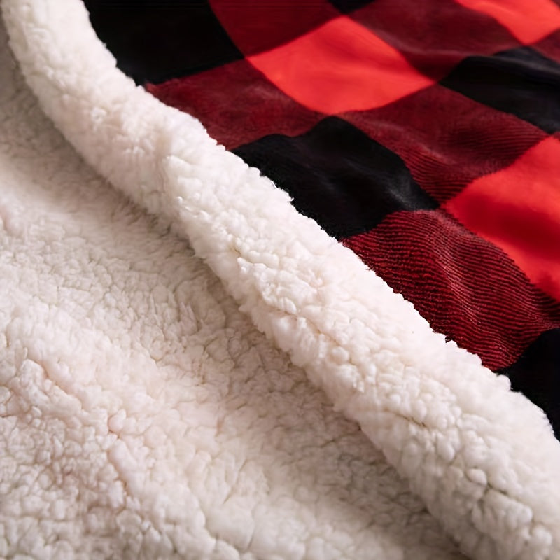 1pc Sherpa Fleece Blanket Black & Red Buffalo Plaid Christmas Blanket, Warm Thick Throw Blanket For Winter Sofa & Bed