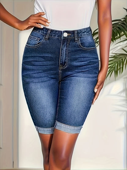 Distressed Whisker Bermuda Denim Shorts - Fashionable Cuffed Leg Opening, Faded Light Blue Wash, Convenient Side Slash Pockets, Relaxed Fit for Everyday Wear - Flattering High-Waisted Design, Designed Specifically for Women