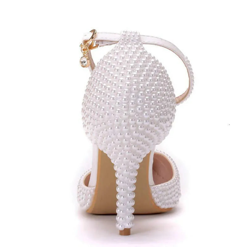 White Pearl Pointed High Fine Heel Sandals Female Bride Wedding Shoes Party Banquet Kq8