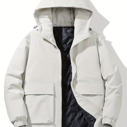 Men's Stylish Solid Faux Down Jacket With Pockets, Casual Breathable Zip Up Long Sleeve Warm Hooded Top For Winter City Walk Street Hanging Outdoor Activities
