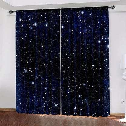 2pcs Galaxy Shining Stars Curtains, Rod Pocket Outer Space Starry Sky Star Printed Curtains, Window Drapes For Living Room Kitchen Bedroom Home Decor