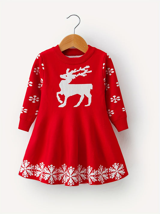 Cozy Reindeer Graphic Knit Dress - Casual Long Sleeve Holiday Party Wear for Girls - Soft 95% Cotton, Comfy Fit, Christmas Themed, Kids Clothing