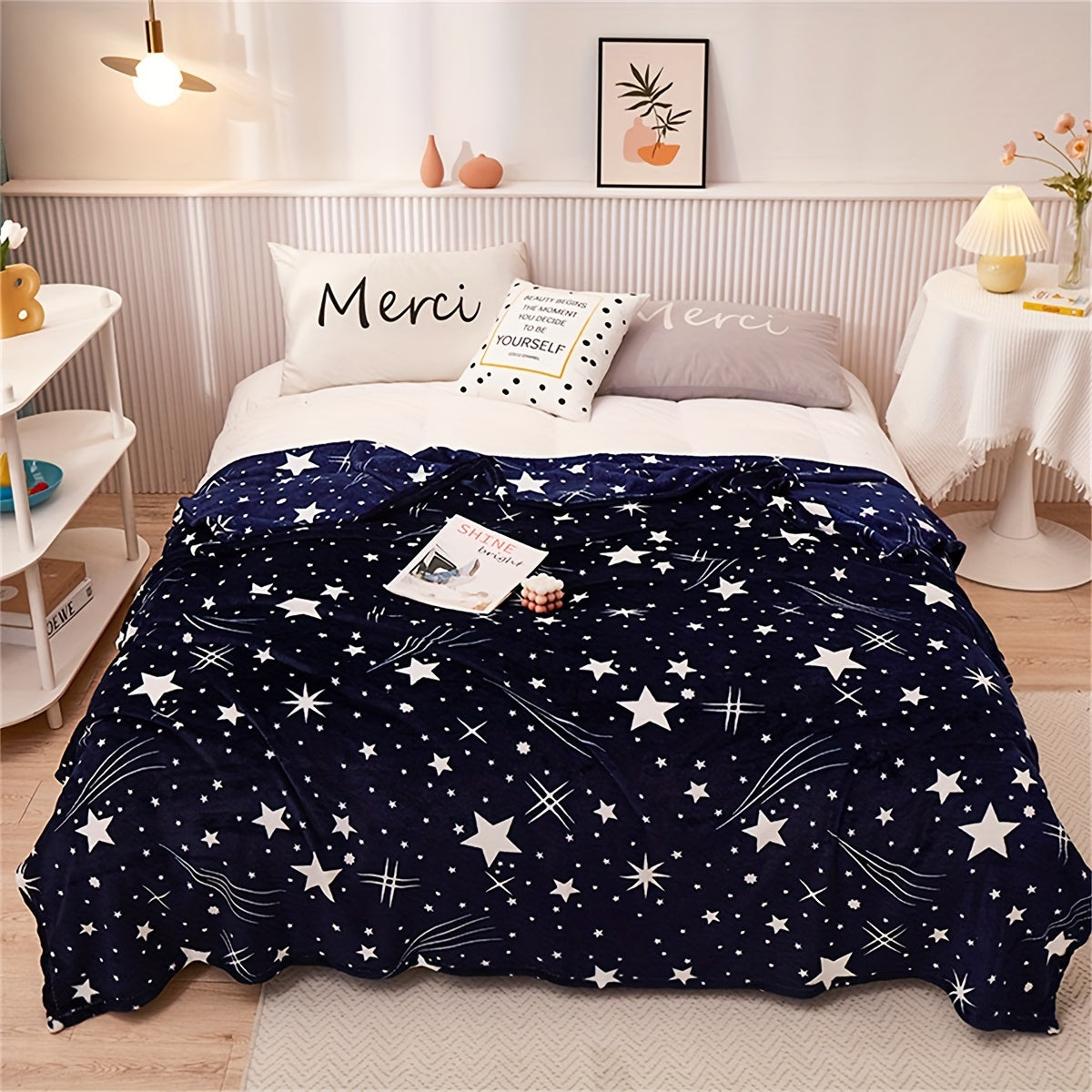 1pc Blue Starry Sky Print Polyester Flannel Blanket, Soft Warm Throw Blanket Nap Blanket For Couch Sofa Office Bed Camping Travel, Multi-purpose Gift Blanket For All Season