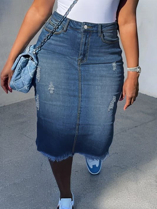 Chic Knee-Length Blue Denim Skirt for Women - Frayed Hem, Ripped Detail, Casual Streetwear Staple for Everyday Fashion