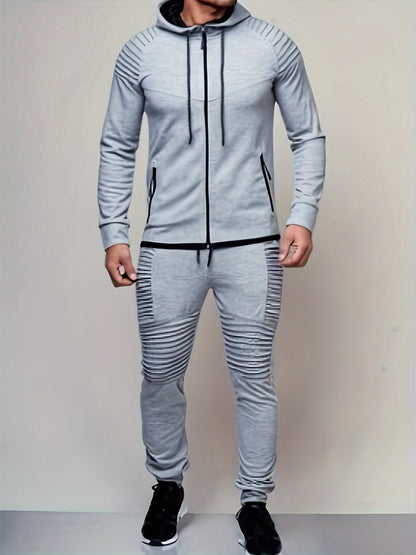 2PCS Mens Casual Sweatsuits - Solid Color Long Sleeve Hoodie with Zip Pockets and Relaxed Fit Straps Pants for Everyday Wear - Comfortable and Stylish Loungewear Set