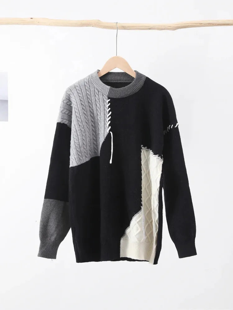 Man Panelled Contrast O-neck Sweater Autumn Winter Vintage Loose Long Sleeves Knitted Pullover Fashion Casual Male Jumper 240111