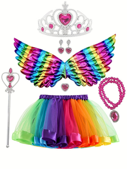 7-Piece Girls' Halloween Rainbow Wing Dress Set with Half Skirt, Accessories, and Mardi Gras Theme