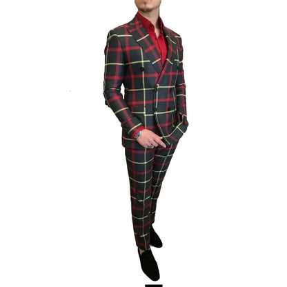 One Damier Groom Tuxedos Newest Check Button Red Shawl Lapel Slim Fit Mens Wedding Suits Formal Party Prom Suit Custom Made(Jacket+Pants)