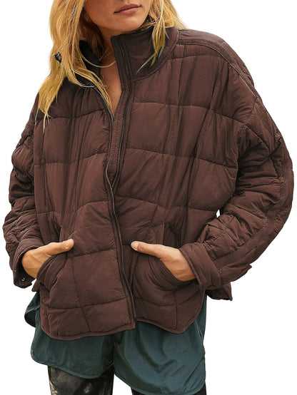 Women's Quilted Puffer Jacket Zip Up Oversized Lightweight Padded Down Coat Outerwear