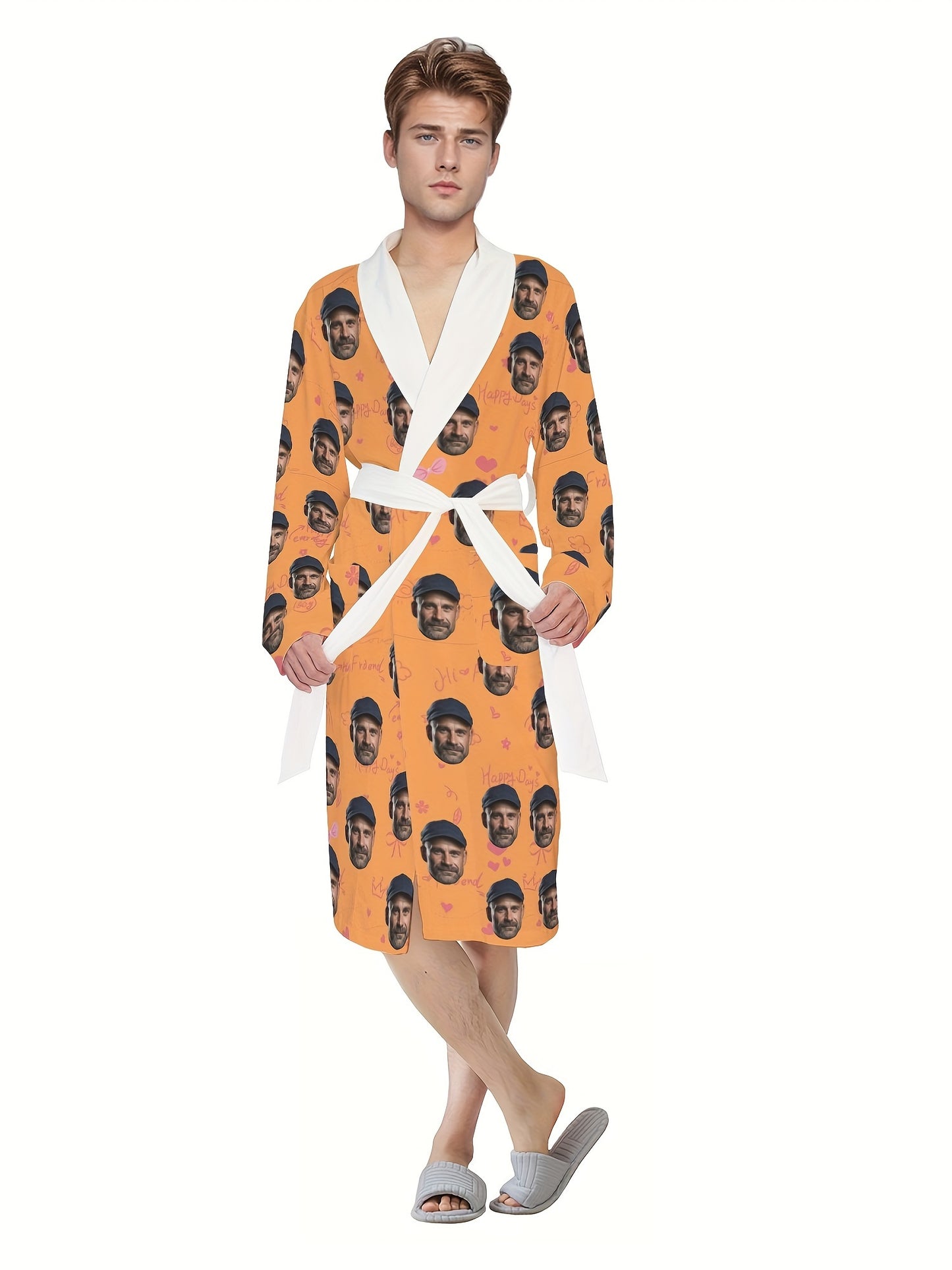 Custom Cute Heart Print Long Sleeve Bathrobe, Men's Mid-Length Sleepwear With Belt, Casual Shawl Collar Home Wear, All-Season