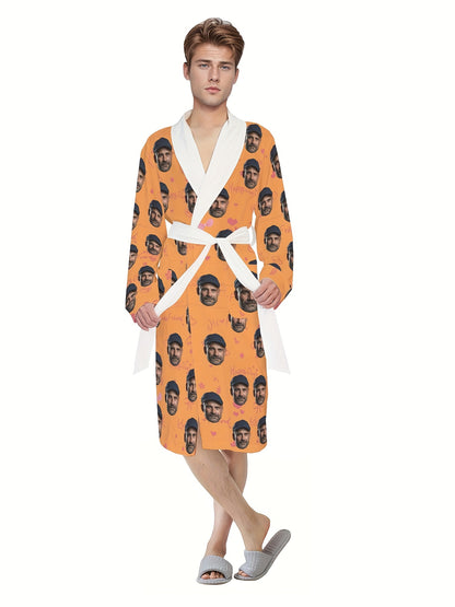 Custom Cute Heart Print Long Sleeve Bathrobe, Men's Mid-Length Sleepwear With Belt, Casual Shawl Collar Home Wear, All-Season