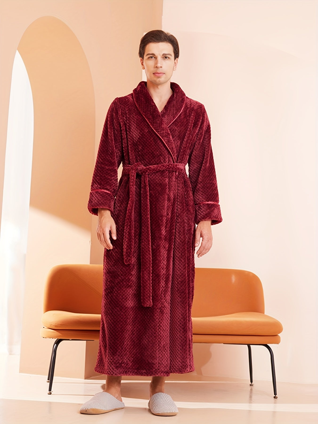 Cozy Thick Flannel Robe for Men & Women - Extra Long, Fixed Belt, V-Neck, Soft & Warm for Fall/Winter - Machine Washable, Solid Colors, Polyester