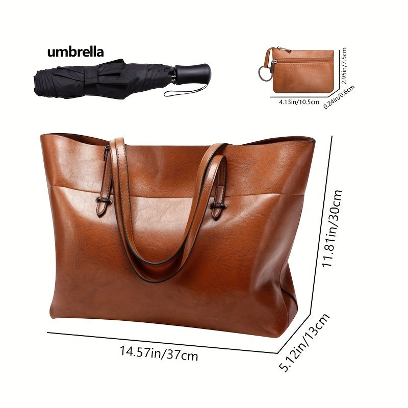 [Fast Arrival] Luxurious Retro Solid Color Large Oil Leather PU Shoulder Tote Bag - Women Bag Sets - Spacious Fashion Purse with Tassel Charm, Stylish and Durable Design, Multiple Compartments for Organization, Ideal for Daily Use and Travel